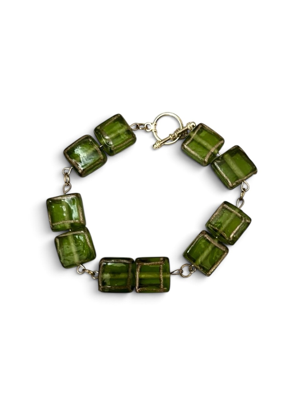 Green square beaded handcrafted bohemian bracelet with gold plated clasp